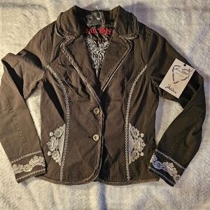 Love Stitch Brown Boho Jean Jacket with Tan Embroidery Detailing Size Medium